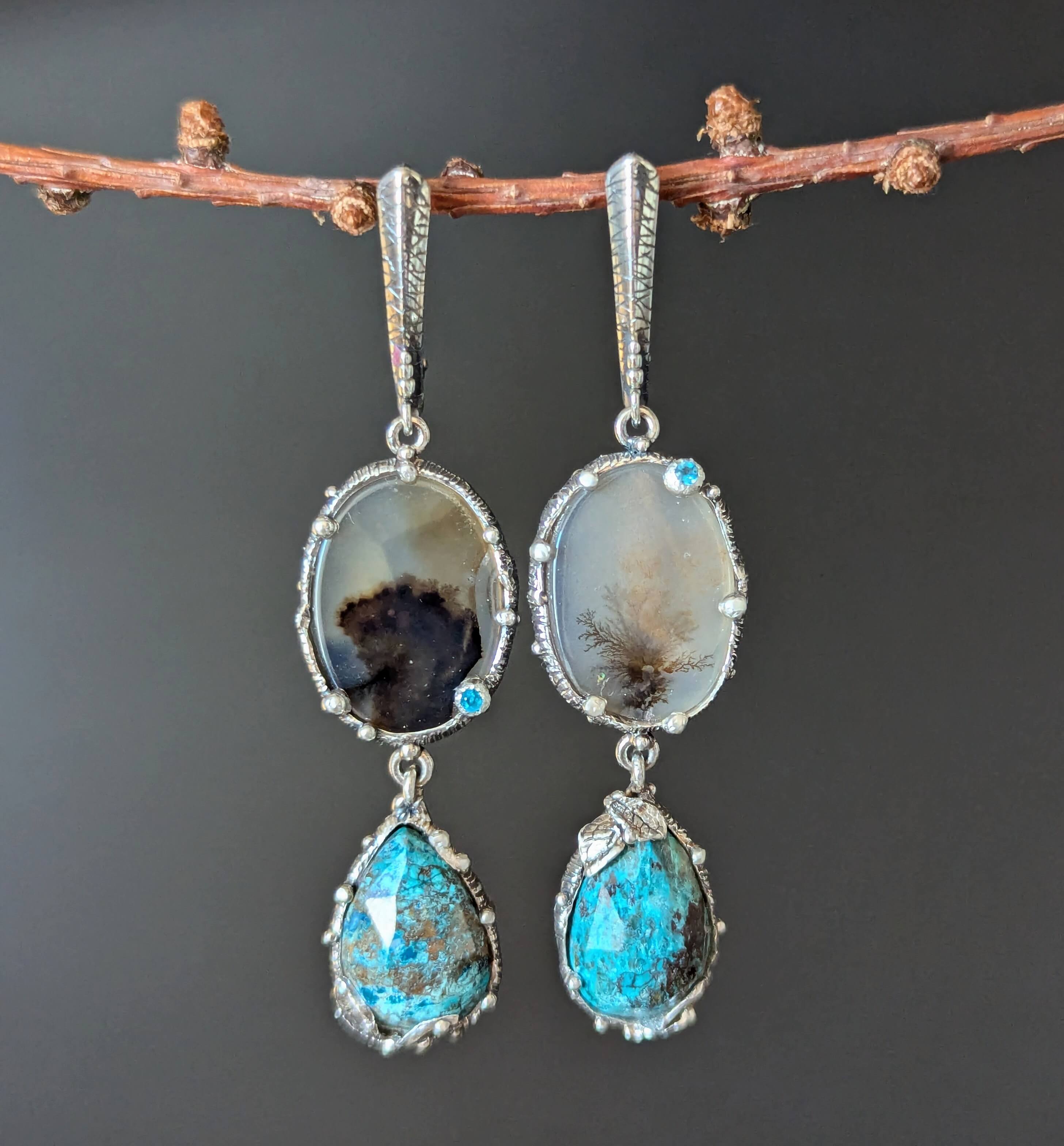 Auskarai su dendritiniais agatais ir chrizokola "Žemės lašai"